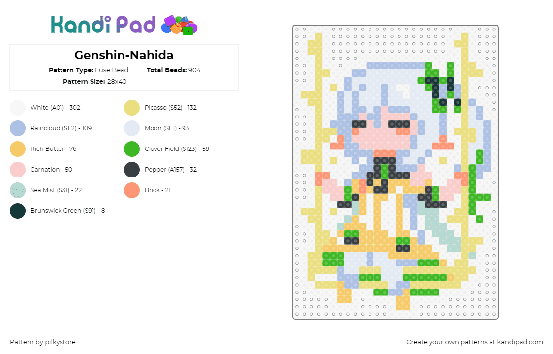 Genshin-Nahida - Fuse Bead Pattern by pilkystore on Kandi Pad - nahida,genshin impact,character,video game,white,yellow,green