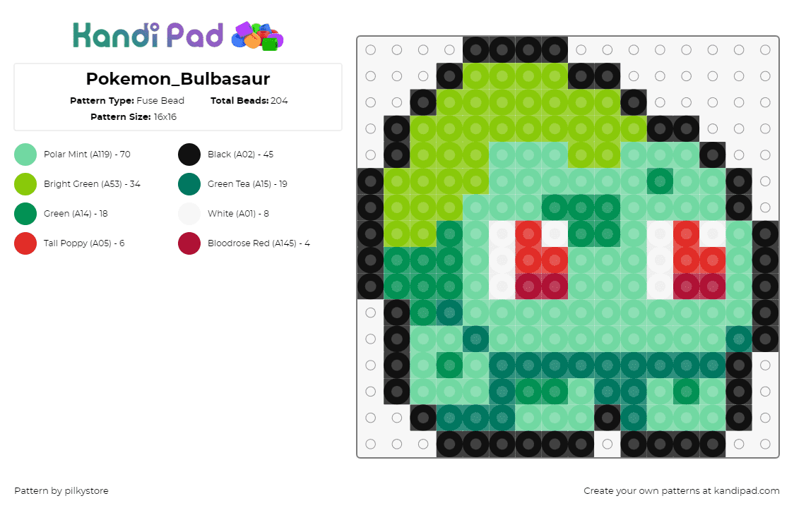 Pokemon_Bulbasaur - Fuse Bead Pattern by pilkystore on Kandi Pad - bulbasaur,pokemon,character,gaming,starter,cute,chibi,green