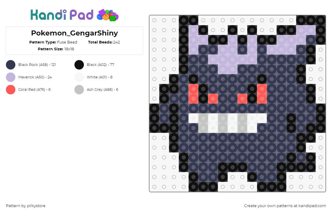 Pokemon_GengarShiny - Fuse Bead Pattern by pilkystore on Kandi Pad - gengar,pokemon,character,gaming,purple