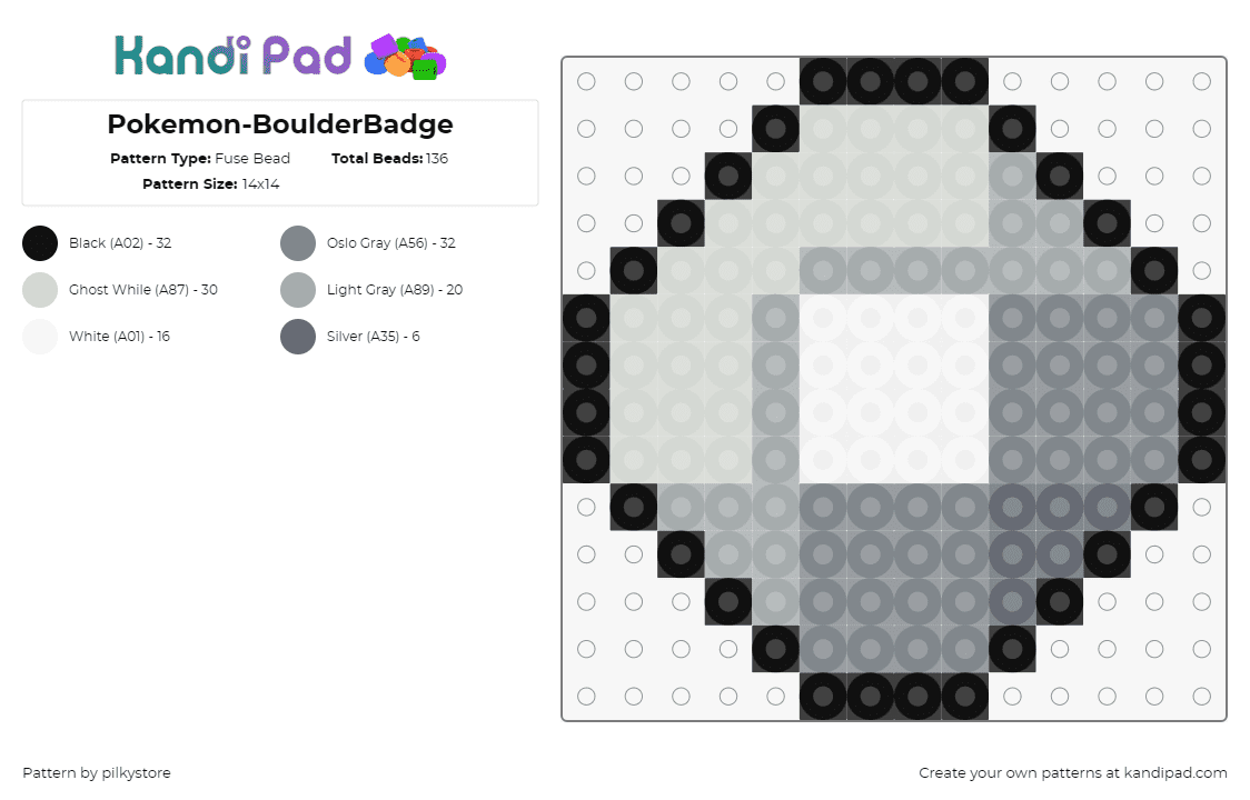 Pokemon-BoulderBadge - Fuse Bead Pattern by pilkystore on Kandi Pad - boulder badge,pokemon,gym,gaming,gray