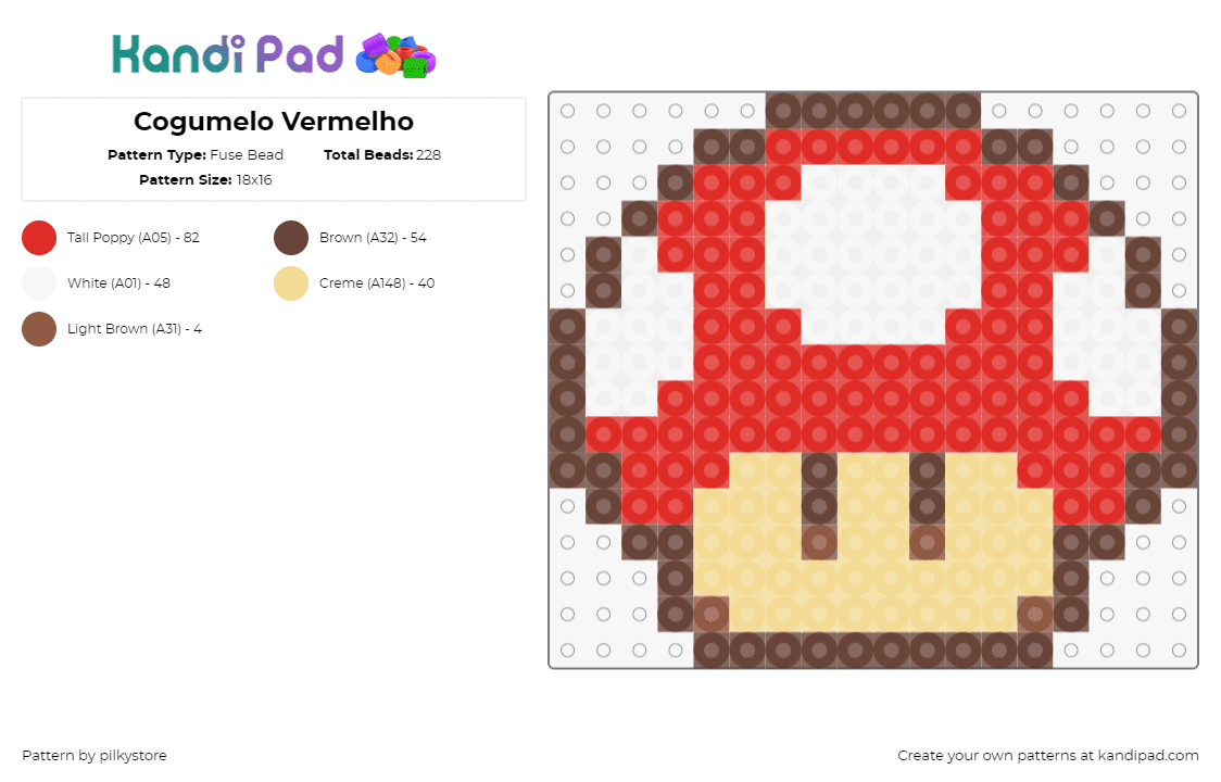 SuperMario_SuperMushroom - Fuse Bead Pattern by pilkystore on Kandi Pad - mushroom,mario,nintendo,video game,red,white,tan