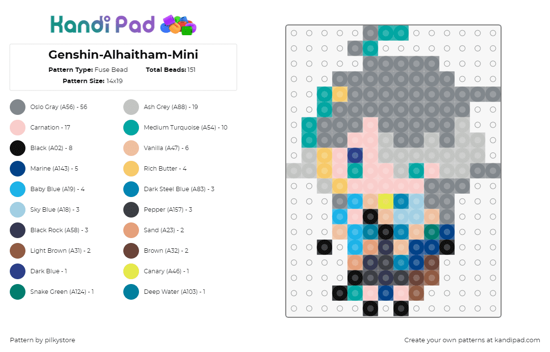 Genshin-Alhaitham-Mini - Fuse Bead Pattern by pilkystore on Kandi Pad - alhaitham,genshin impact,character,video game,teal,gray