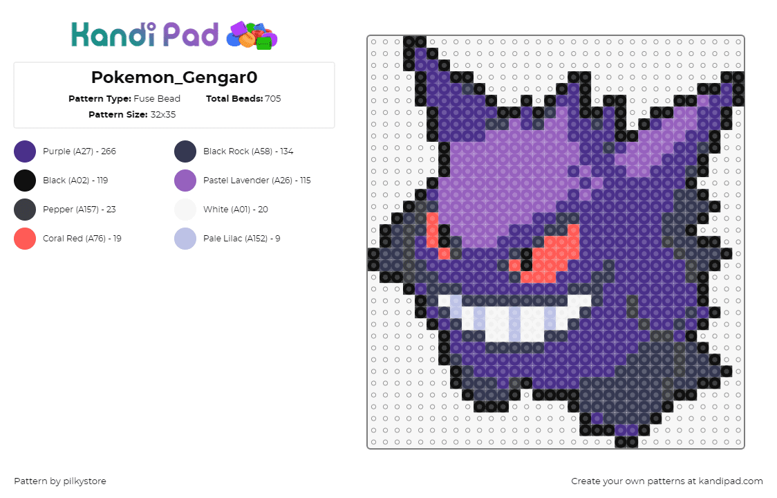 Pokemon_Gengar0 - Fuse Bead Pattern by pilkystore on Kandi Pad - gengar,pokemon,character,gaming,purple