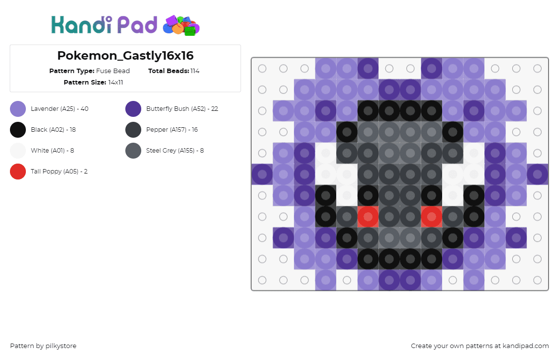 Pokemon_Gastly16x16 - Fuse Bead Pattern by pilkystore on Kandi Pad - gastly,pokemon,character,gaming,purple,black