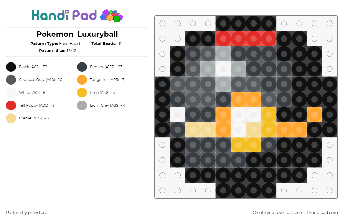 Pokemon_Luxuryball - Fuse Bead Pattern by pilkystore on Kandi Pad - luxury ball,pokeball,pokemon,gaming,black,gray,orange