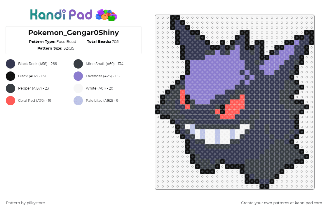 Pokemon_Gengar0Shiny - Fuse Bead Pattern by pilkystore on Kandi Pad - gengar,pokemon,character,gaming,purple