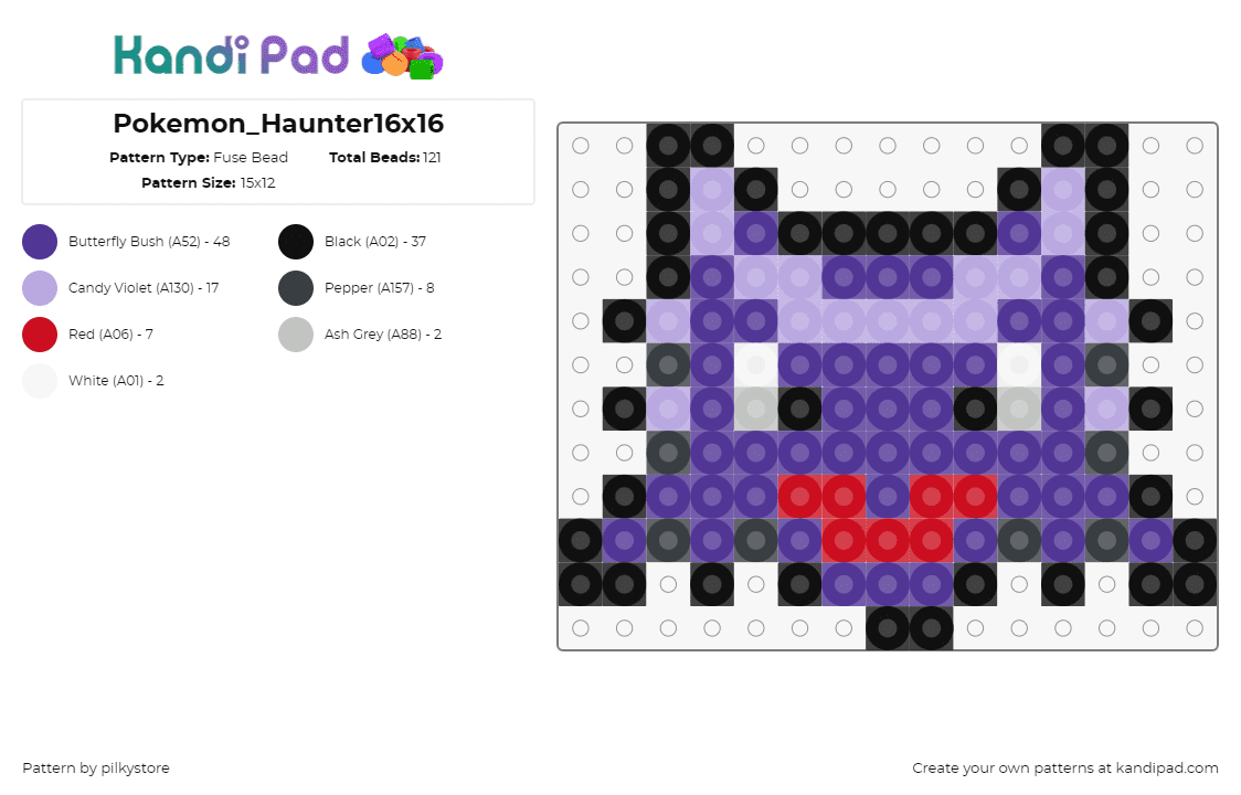 Pokemon_Haunter16x16 - Fuse Bead Pattern by pilkystore on Kandi Pad - haunter,pokemon,character,gaming,purple,red