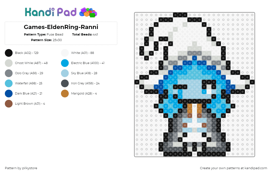 Games-EldenRing-Ranni - Fuse Bead Pattern by pilkystore on Kandi Pad - ranni,elden ring,character,video game,hat,light blue,white