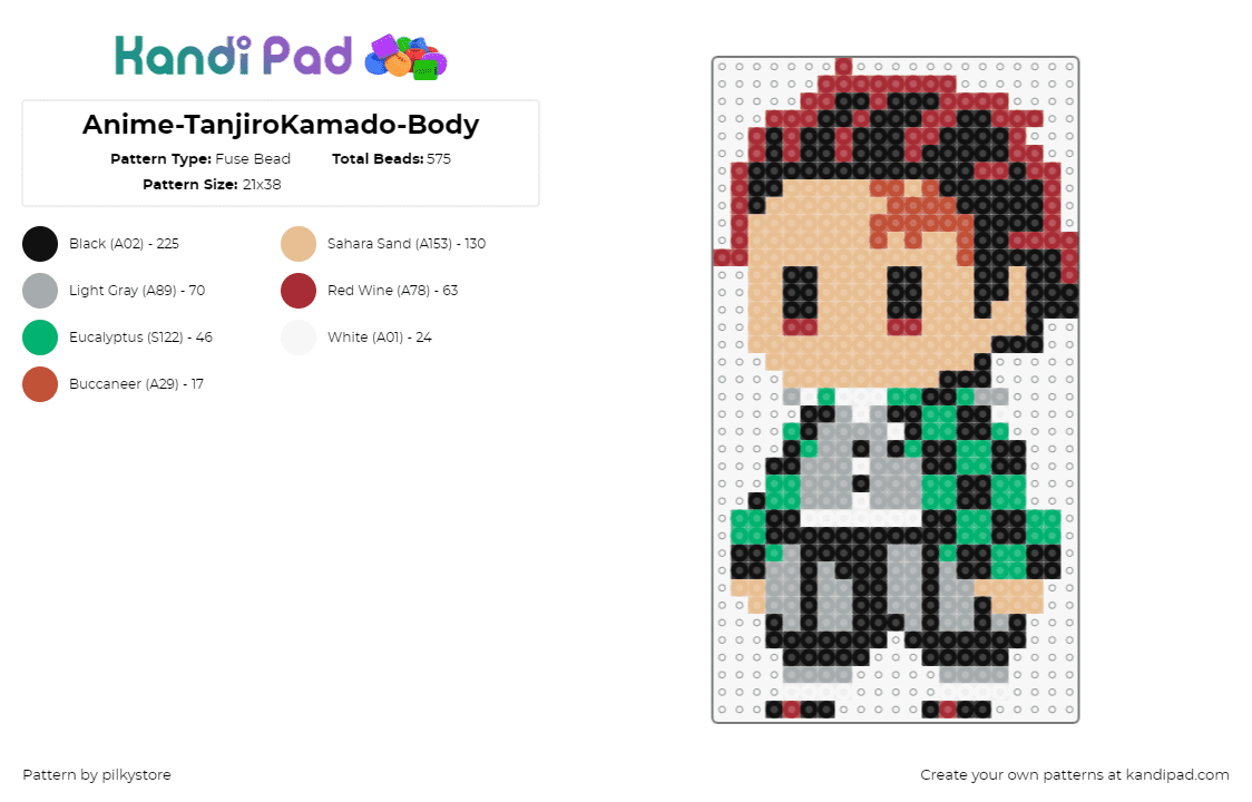 Anime-TanjiroKamado-Body - Fuse Bead Pattern by pilkystore on Kandi Pad - tanjiro kamado,demon slayer,kimetsu no yaiba,anime,character,chibi,tan,red,green,gray