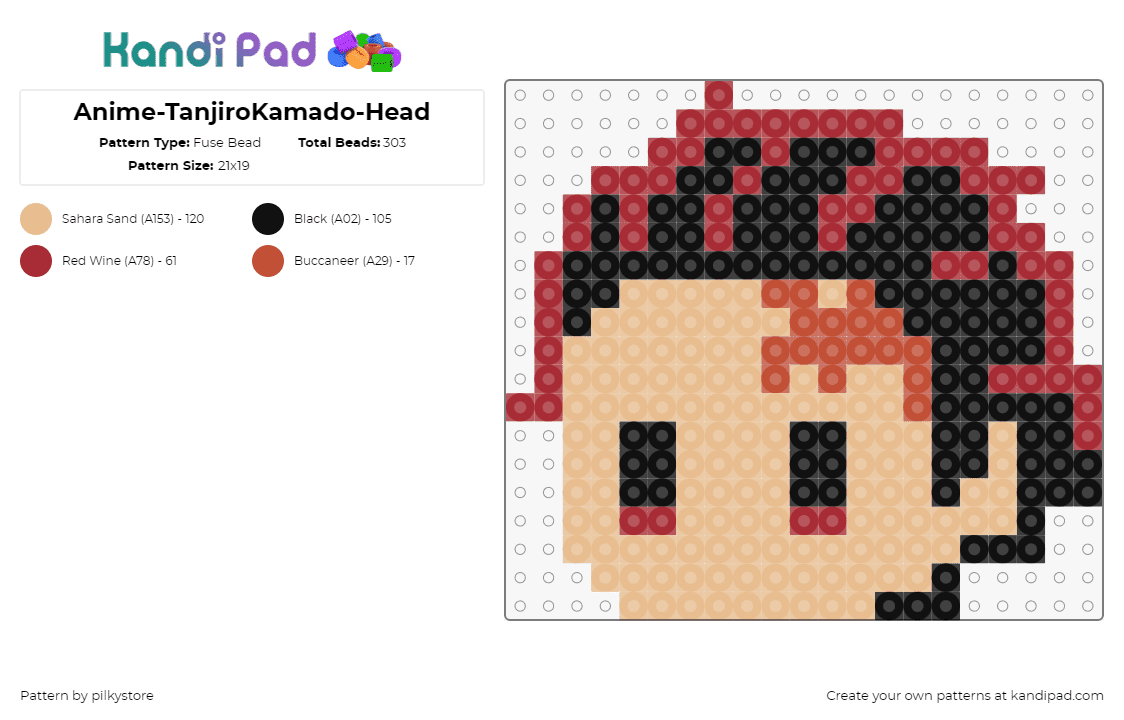 Anime-TanjiroKamado-Head - Fuse Bead Pattern by pilkystore on Kandi Pad - tanjiro kamado,demon slayer,character,head,anime,chibi,tan,red