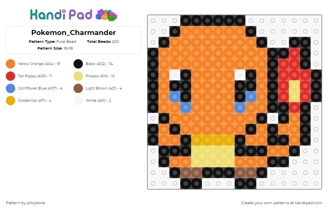 Pokemon_Charmander - Fuse Bead Pattern by pilkystore on Kandi Pad - charmander,pokemon,character,gaming,starter,cute,chibi,orange