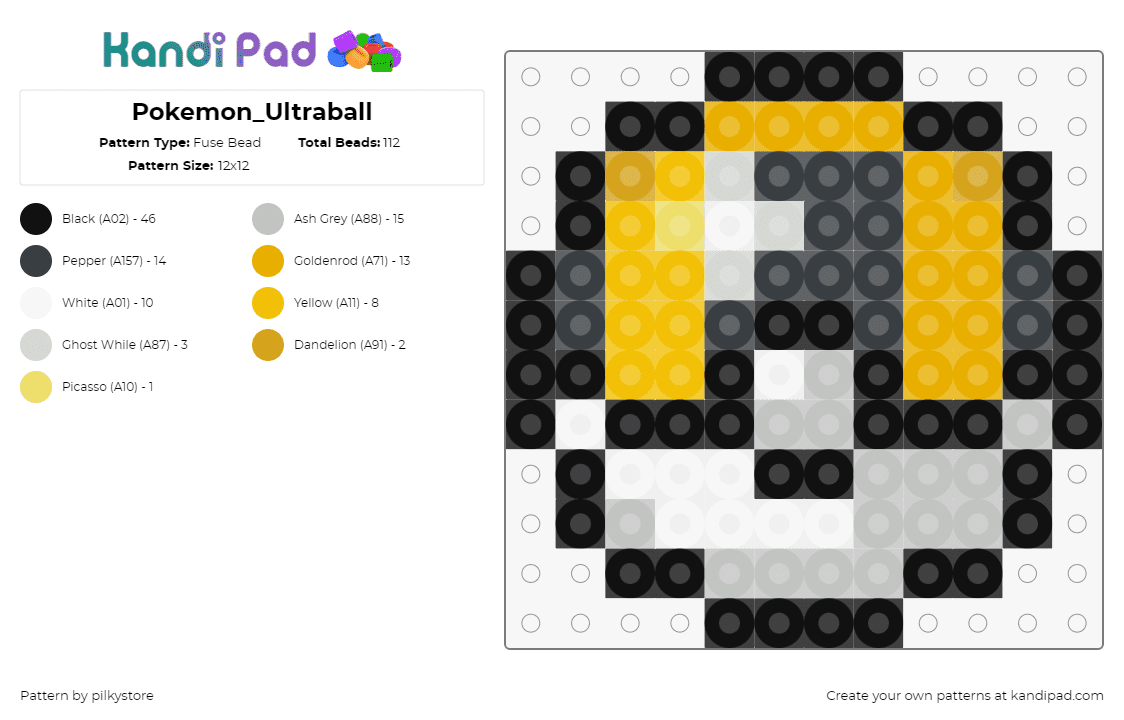 Pokemon_Ultraball - Fuse Bead Pattern by pilkystore on Kandi Pad - ultra ball,pokeball,pokemon,gaming,yellow,black,white