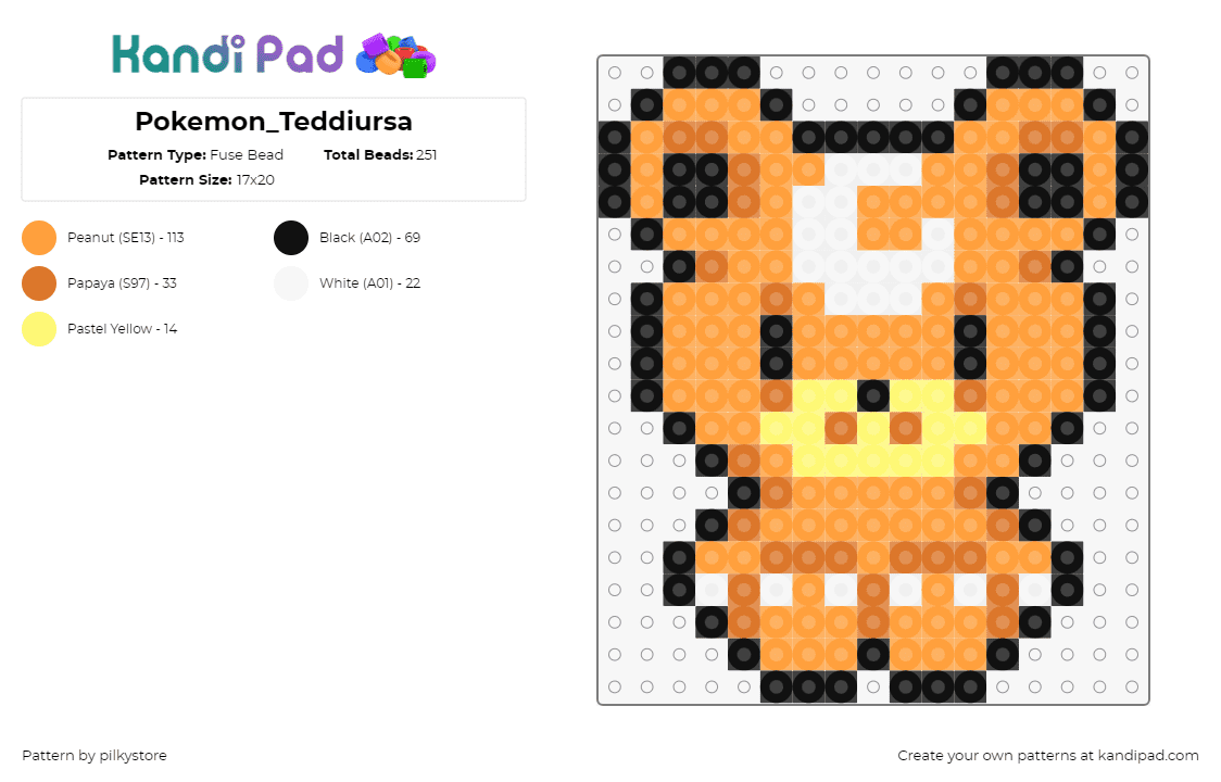 Pokemon_Teddiursa - Fuse Bead Pattern by pilkystore on Kandi Pad - teddiursa,pokemon,character,gaming,cute,bear,orange