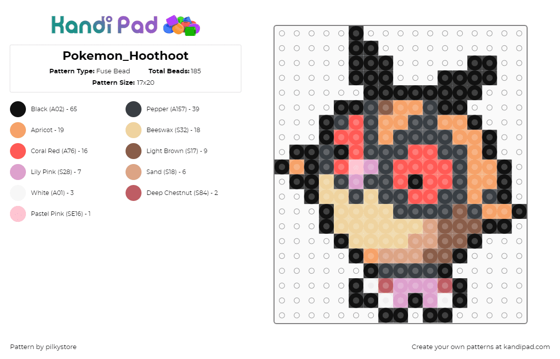 Pokemon_Hoothoot - Fuse Bead Pattern by pilkystore on Kandi Pad - black,red,beige,orange