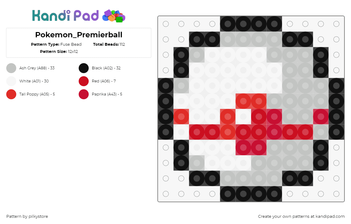 Pokemon_Premierball - Fuse Bead Pattern by pilkystore on Kandi Pad - premier ball,pokeball,pokemon,gaming,gray,red,white