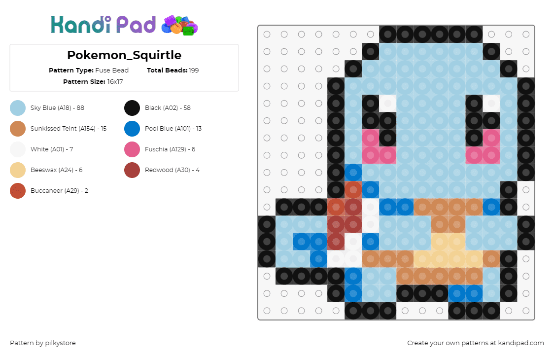 Pokemon_Squirtle - Fuse Bead Pattern by pilkystore on Kandi Pad - squirtle,pokemon,character,gaming,starter,cute,chibi,light blue,tan