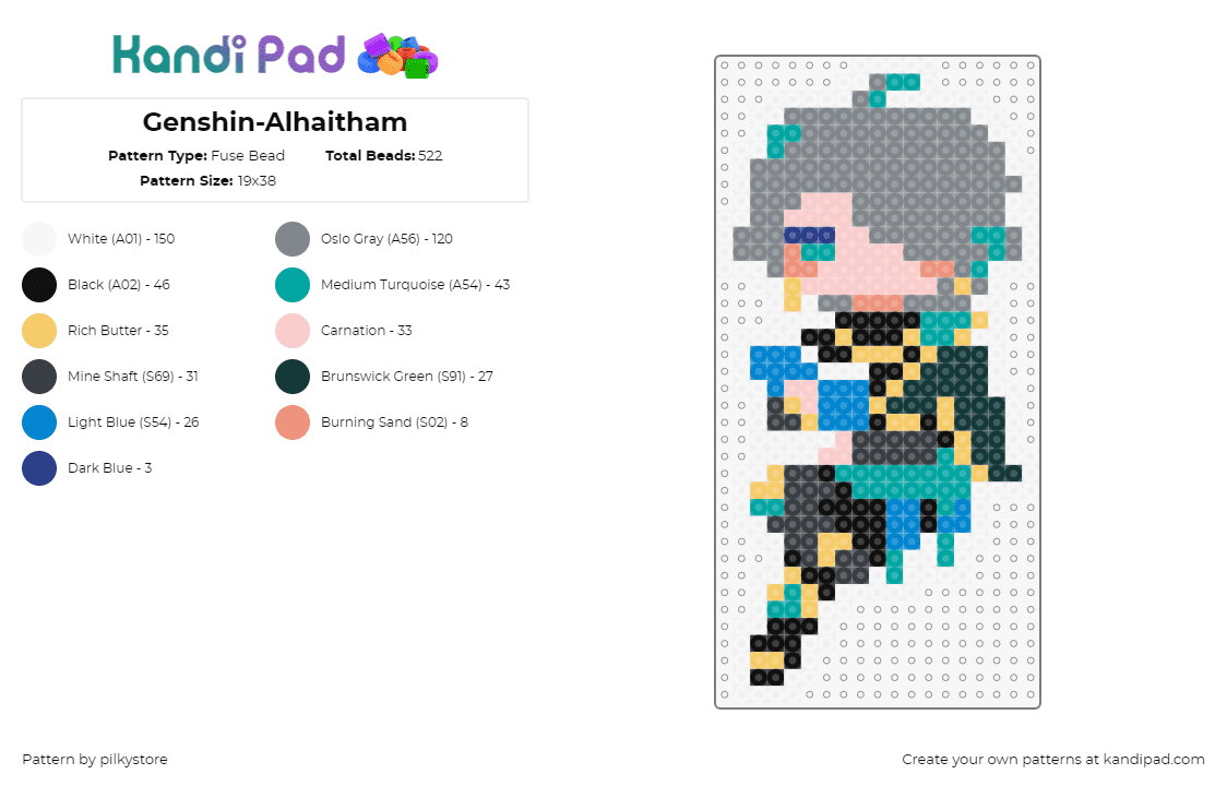 Genshin-Alhaitham - Fuse Bead Pattern by pilkystore on Kandi Pad - alhaitham,genshin impact,character,video game,teal,gray