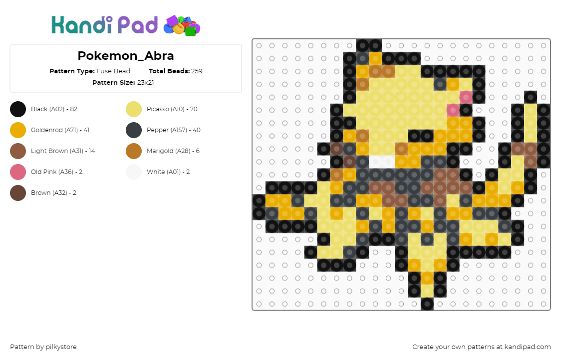 Pokemon_Abra - Fuse Bead Pattern by pilkystore on Kandi Pad - black,yellow,orange