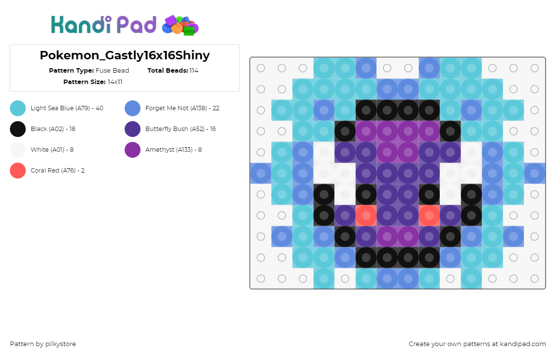 Pokemon_Gastly16x16Shiny - Fuse Bead Pattern by pilkystore on Kandi Pad - gastly,pokemon,character,gaming,purple,light blue