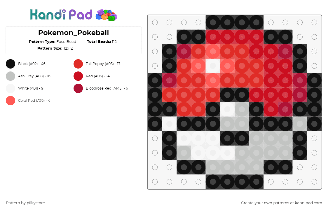 Pokemon_Pokeball - Fuse Bead Pattern by pilkystore on Kandi Pad - pokeball,pokemon,gaming,red,white,black