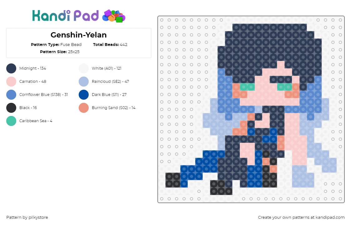 Genshin-Yelan - Fuse Bead Pattern by pilkystore on Kandi Pad - yelan,genshin impact,character,video game,blue,pink