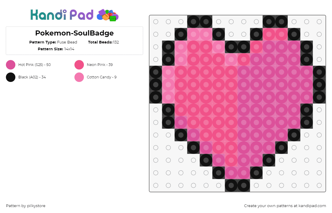 Pokemon-SoulBadge - Fuse Bead Pattern by pilkystore on Kandi Pad - soul badge,pokemon,gym,heart,gaming,pink