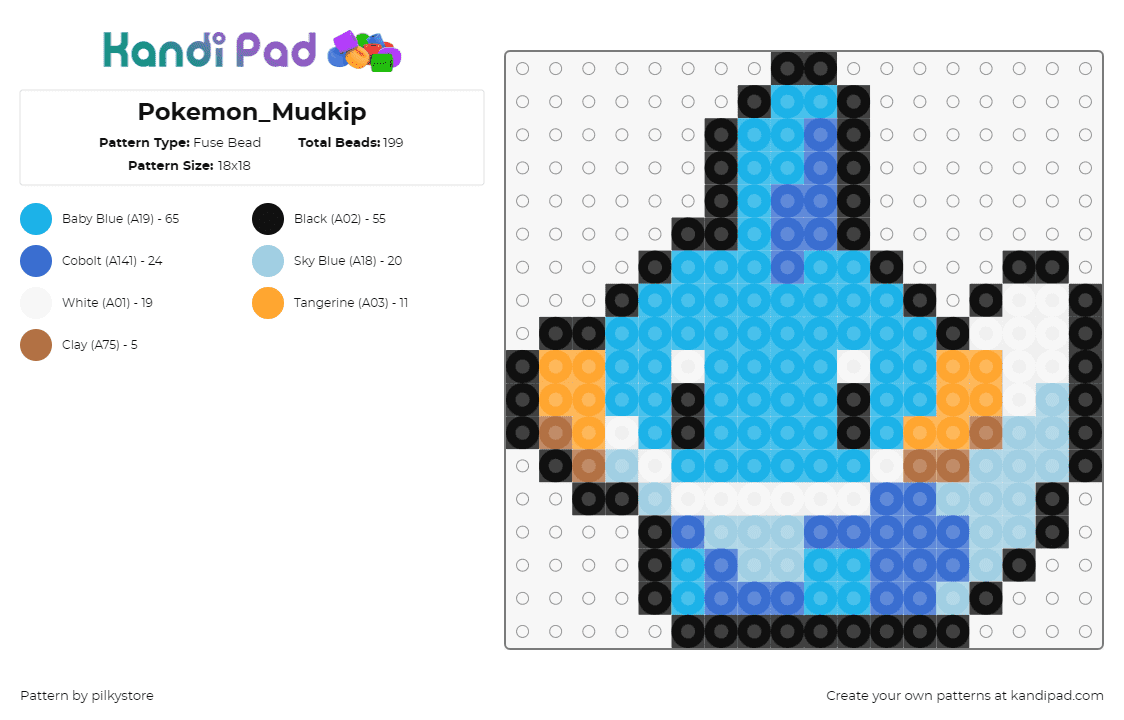 Pokemon_Mudkip - Fuse Bead Pattern by pilkystore on Kandi Pad - mudkip,pokemon,character,gaming,cute,light blue