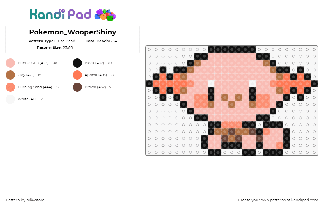 Pokemon_WooperShiny - Fuse Bead Pattern by pilkystore on Kandi Pad - wooper,pokemon,character,gaming,cute,pink