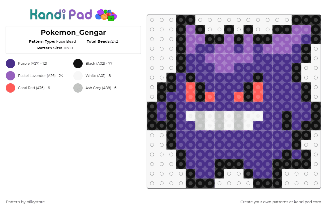 Pokemon_Gengar - Fuse Bead Pattern by pilkystore on Kandi Pad - gengar,pokemon,character,gaming,purple