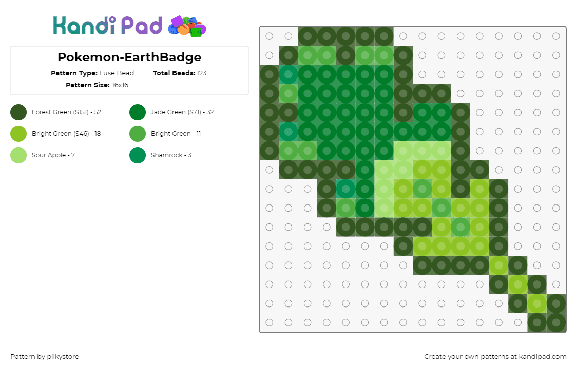 Pokemon-EarthBadge - Fuse Bead Pattern by pilkystore on Kandi Pad - earth badge,pokemon,gym,gaming,green