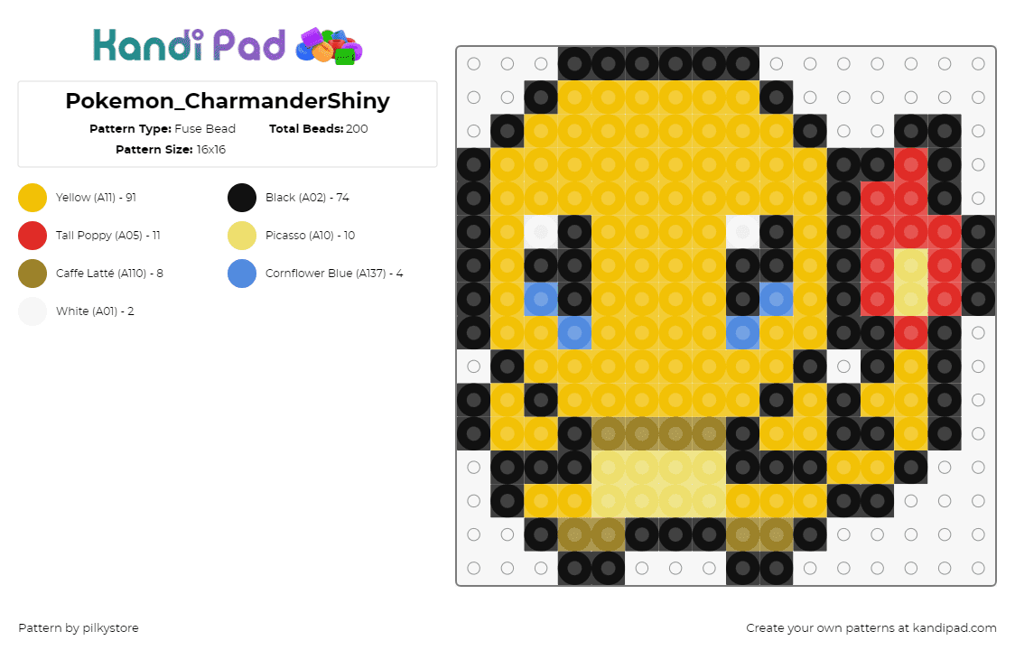 Pokemon_CharmanderShiny - Fuse Bead Pattern by pilkystore on Kandi Pad - charmander,pokemon,character,gaming,starter,chibi,yellow