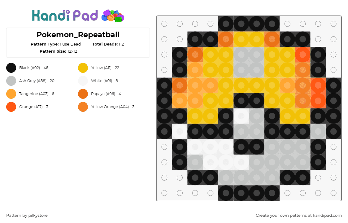 Pokemon_Repeatball - Fuse Bead Pattern by pilkystore on Kandi Pad - repeat ball,pokeball,pokemon,gaming,yellow,orange,gray