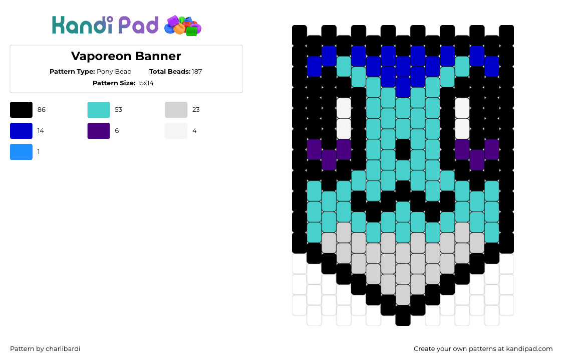 Vaporeon Banner - Pony Bead Pattern by charlibardi on Kandi Pad - vaporeon,pokemon,banner,evolution,eevee,gaming,cute,teal,light blue