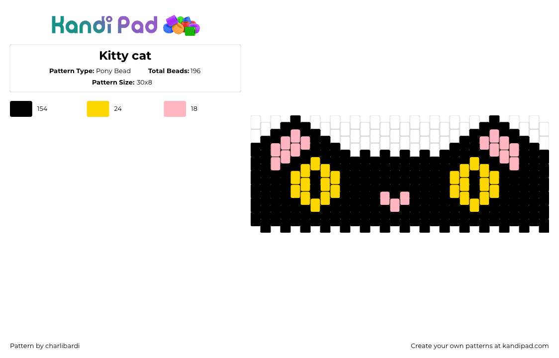 Kitty cat - Pony Bead Pattern by charlibardi on Kandi Pad - cat,kitty,animal,eyes,cute,cuff,black,yellow,pink