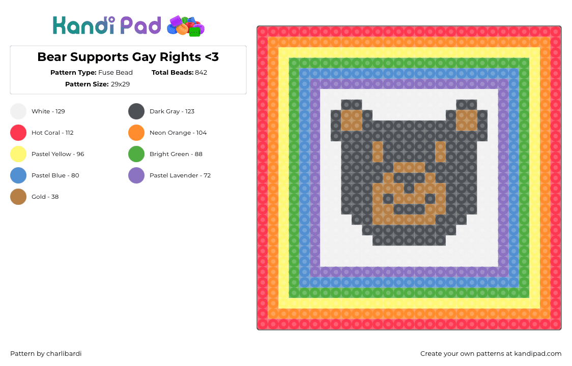 Bear Supports Gay Rights - Fuse Bead Pattern by charlibardi on Kandi Pad - bear,gay,pride,square,rainbow,animal,colorful,red,yellow,gray,brown