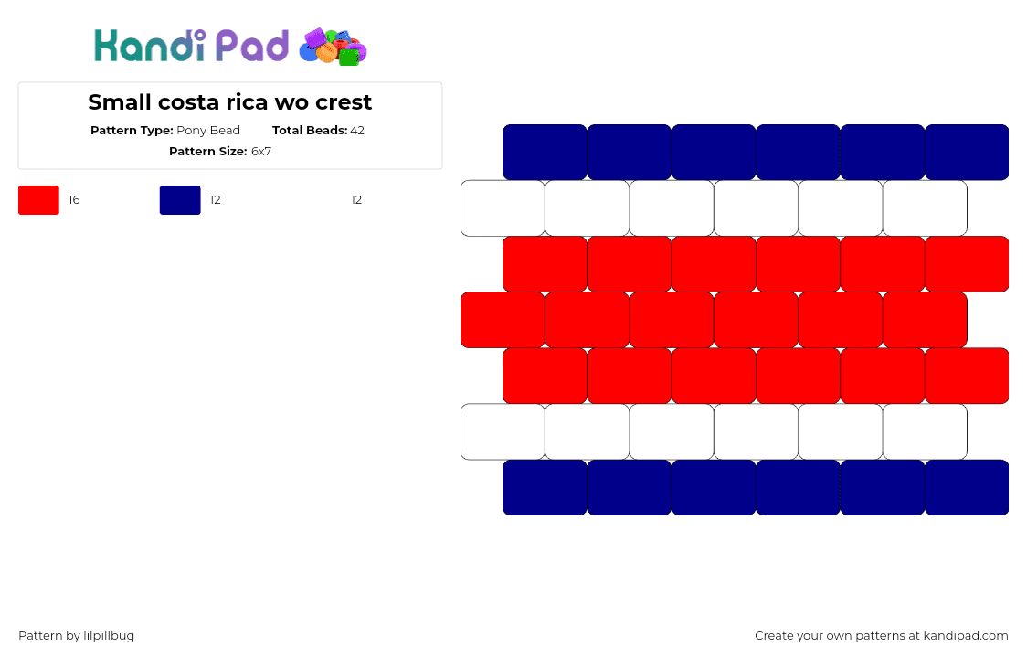 Small costa rica wo crest - Pony Bead Pattern by lilpillbug on Kandi Pad - costa rica,flag,country,charm,simple,red,blue,white