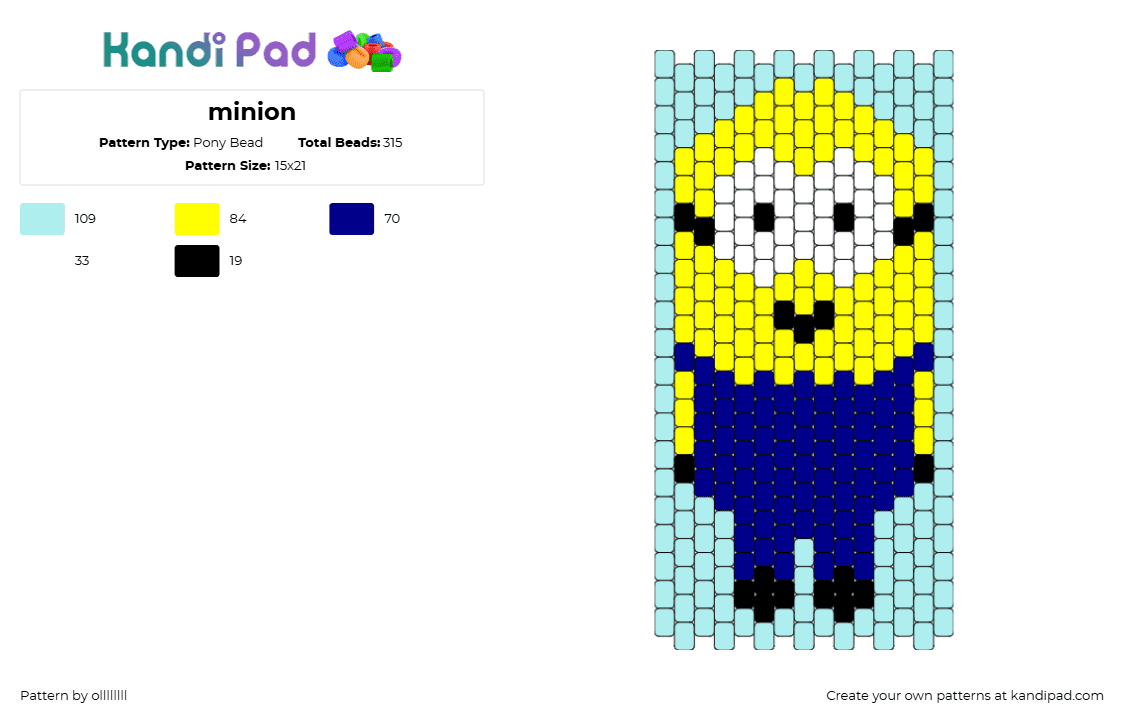 minion - Pony Bead Pattern by ollllllll on Kandi Pad - minion,despicable me,character,silly,movie,teal,yellow,blue