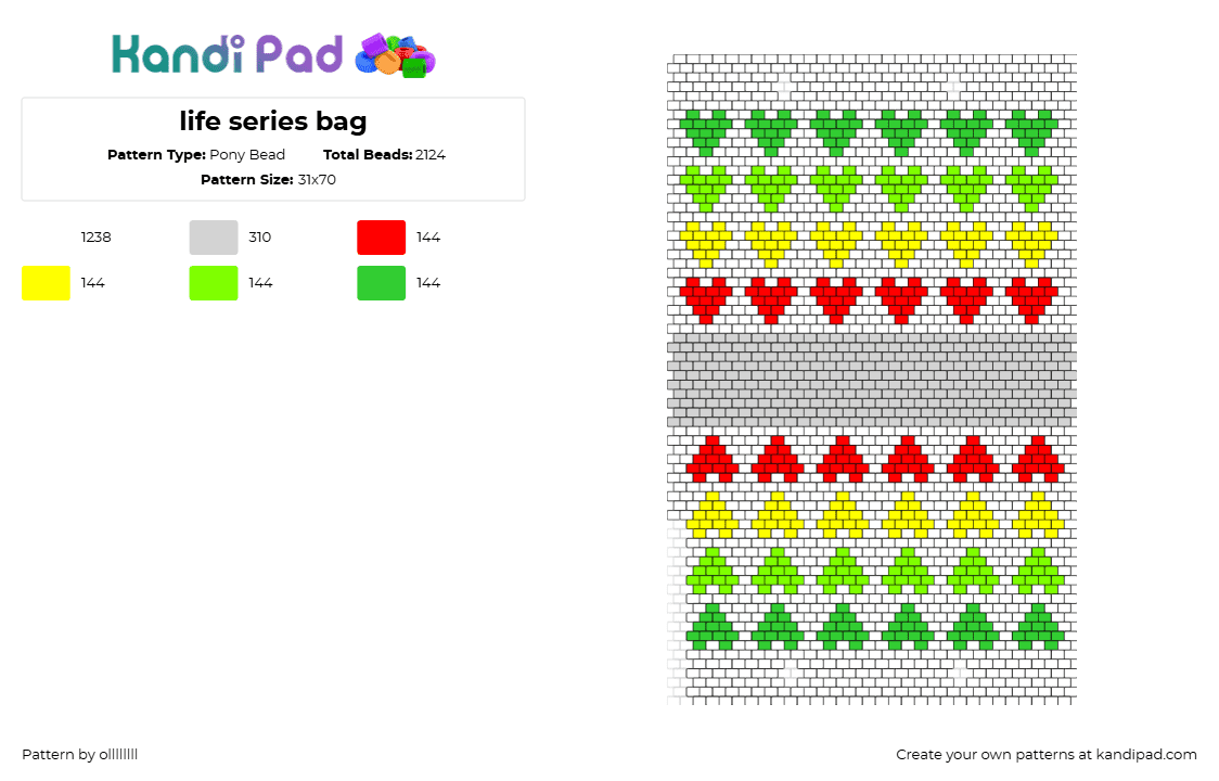 life series bag - Pony Bead Pattern by ollllllll on Kandi Pad - life series,hearts,bag,youtube,minecraft,green,red,white