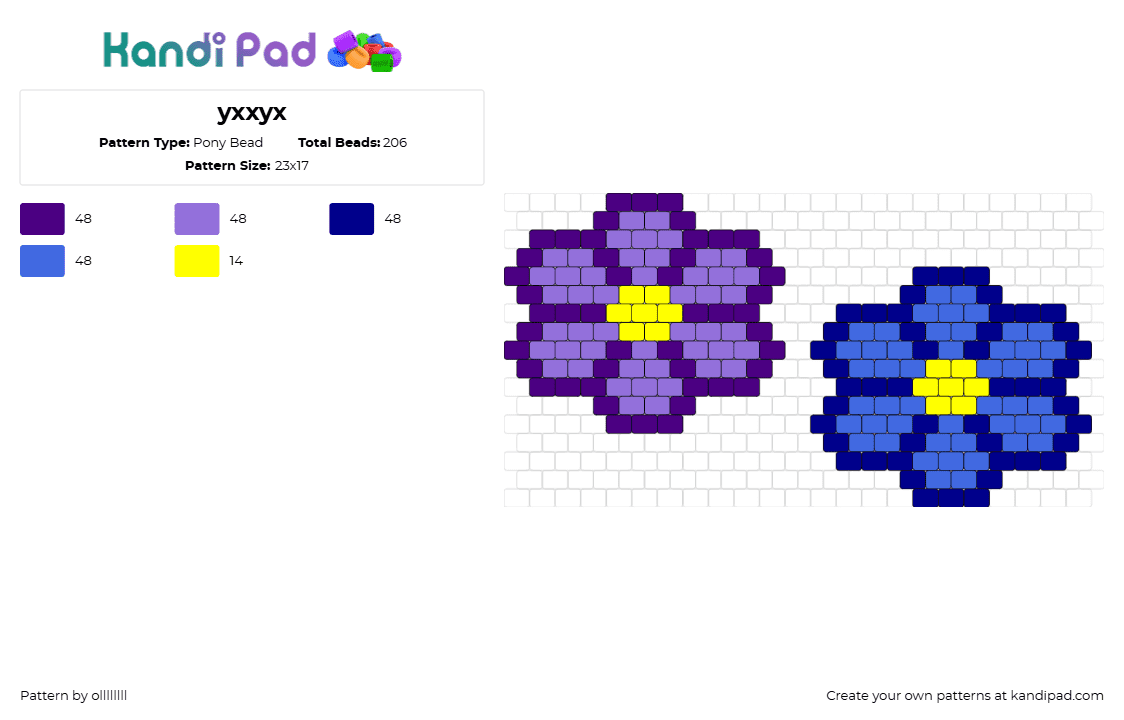 yxxyx - Pony Bead Pattern by ollllllll on Kandi Pad - flowers,charms,simple,blue,purple,yellow