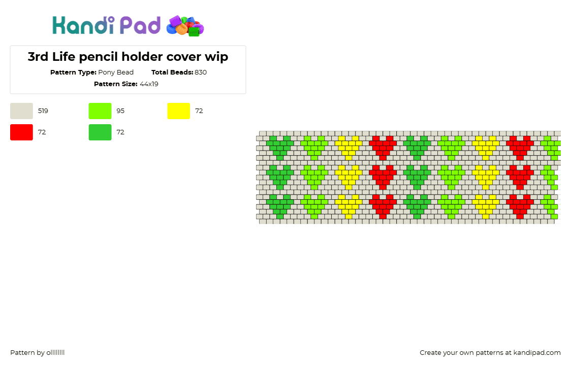 3rd Life pencil holder cover wip - Pony Bead Pattern by ollllllll on Kandi Pad - life series,hearts,case,pencil holder,bag,youtube,minecraft,green,red