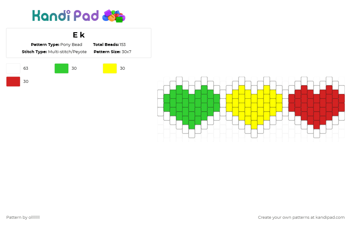 E k - Pony Bead Pattern by ollllllll on Kandi Pad - hearts,green,yellow,red