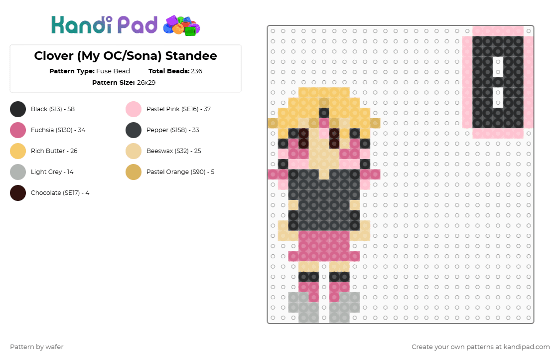 Clover (My OC/Sona) Standee - Fuse Bead Pattern by wafer on Kandi Pad - pink,beige
