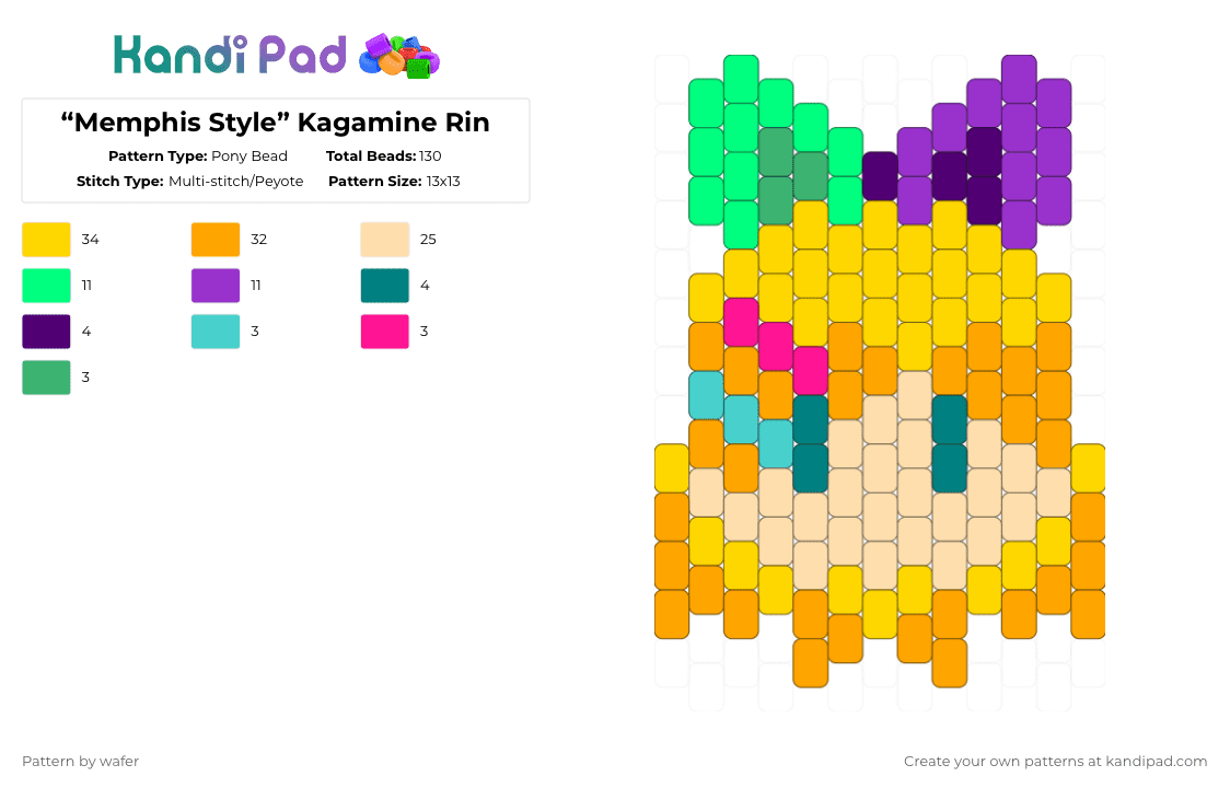 “Memphis Style” Kagamine Rin - Pony Bead Pattern by wafer on Kandi Pad - kagamine rin,head,charm,music,anime,character,yellow,orange,beige,purple,colorful,cotdmemphisdesign,vocaloid