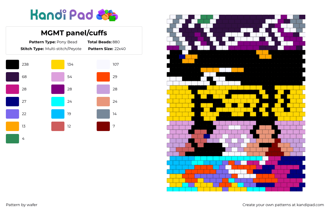 MGMT panel/cuffs - Pony Bead Pattern by wafer on Kandi Pad - yellow,light blue,red,pink
