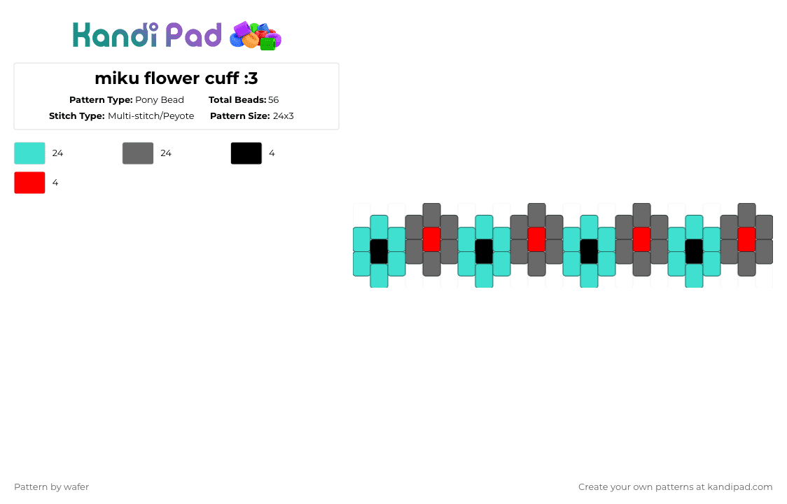 miku flower cuff :3 - Pony Bead Pattern by wafer on Kandi Pad - hatsune miku,flowers,bracelet,cuff,miku,flower,anime,vocaloid,cartoon,manga,music,nature,light blue,gray,cotdflowers