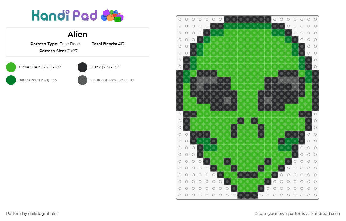 Alien - Fuse Bead Pattern by chilidoginhaler on Kandi Pad - alien,extraterrestrial,head,smile,face,green,black