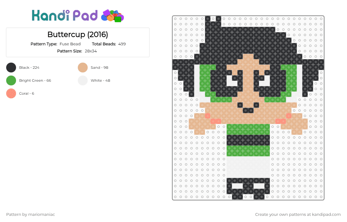 Buttercup (2016) - Fuse Bead Pattern by mariomaniac on Kandi Pad - black,beige,green,powerpuffgirls,cartoon,character,beadpattern,superhero