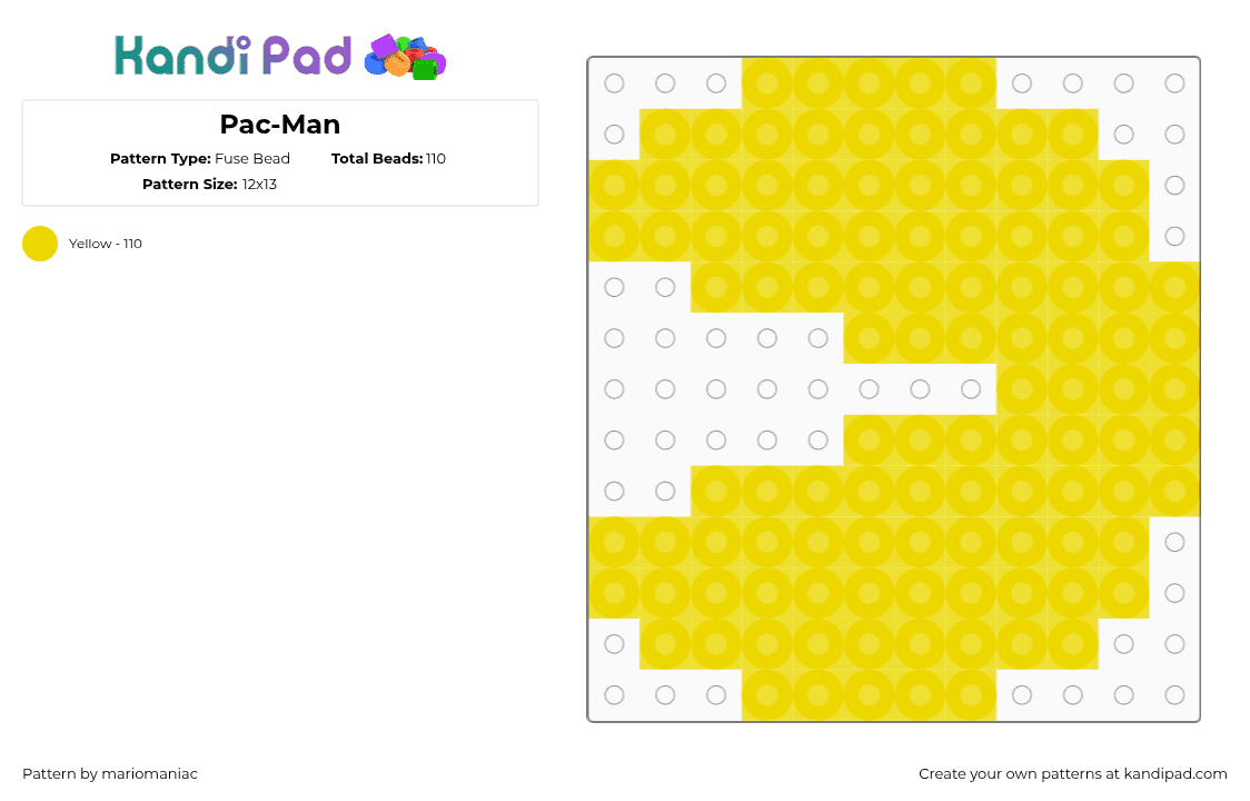 Pac-Man - Fuse Bead Pattern by mariomaniac on Kandi Pad - pacman,video game,arcade,beadpattern,1980s,yellow