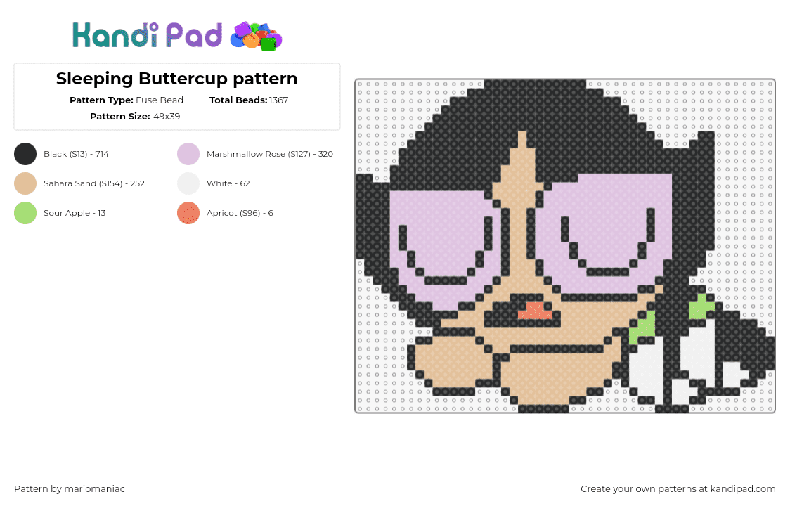 Sleeping Buttercup pattern - Fuse Bead Pattern by mariomaniac on Kandi Pad - buttercup,powerpuff girls,sleeping,character,cartoon,nostalgia,tv show,black,tan,purple