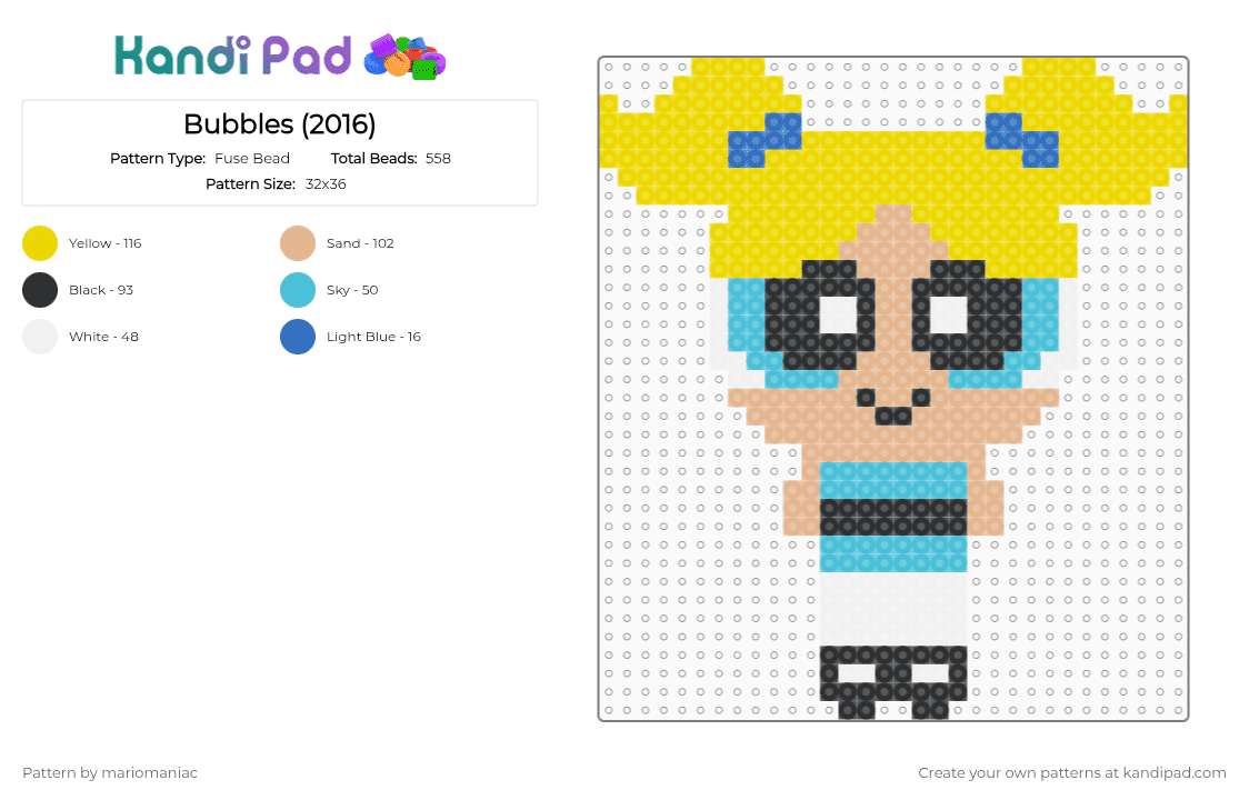 Bubbles (2016) - Fuse Bead Pattern by mariomaniac on Kandi Pad - yellow,beige,bubbles,the powerpuff girls,beadpattern,cartoon,character